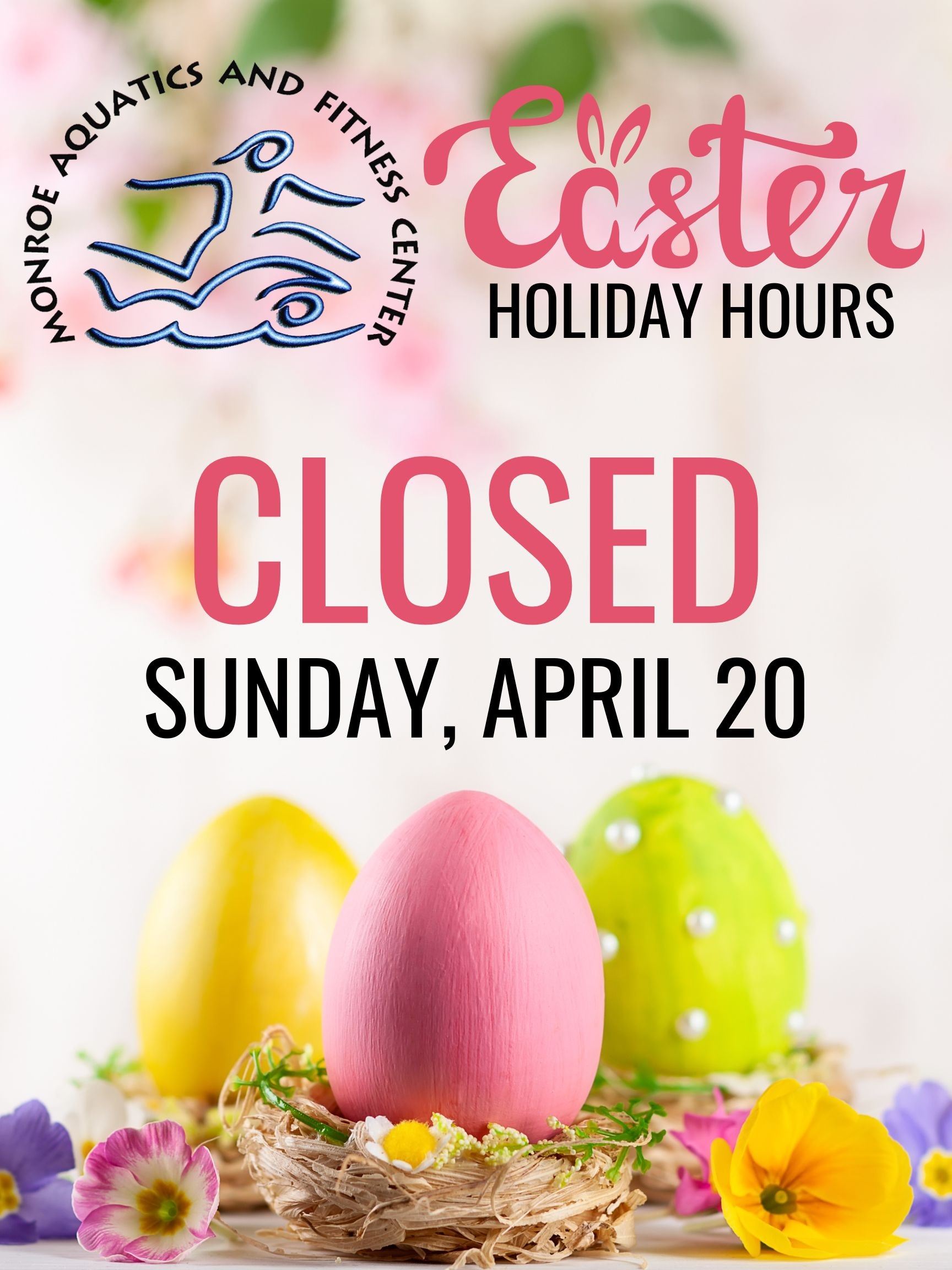 MAFC will be closed on Sunday, April 20, for the Easter holiday.