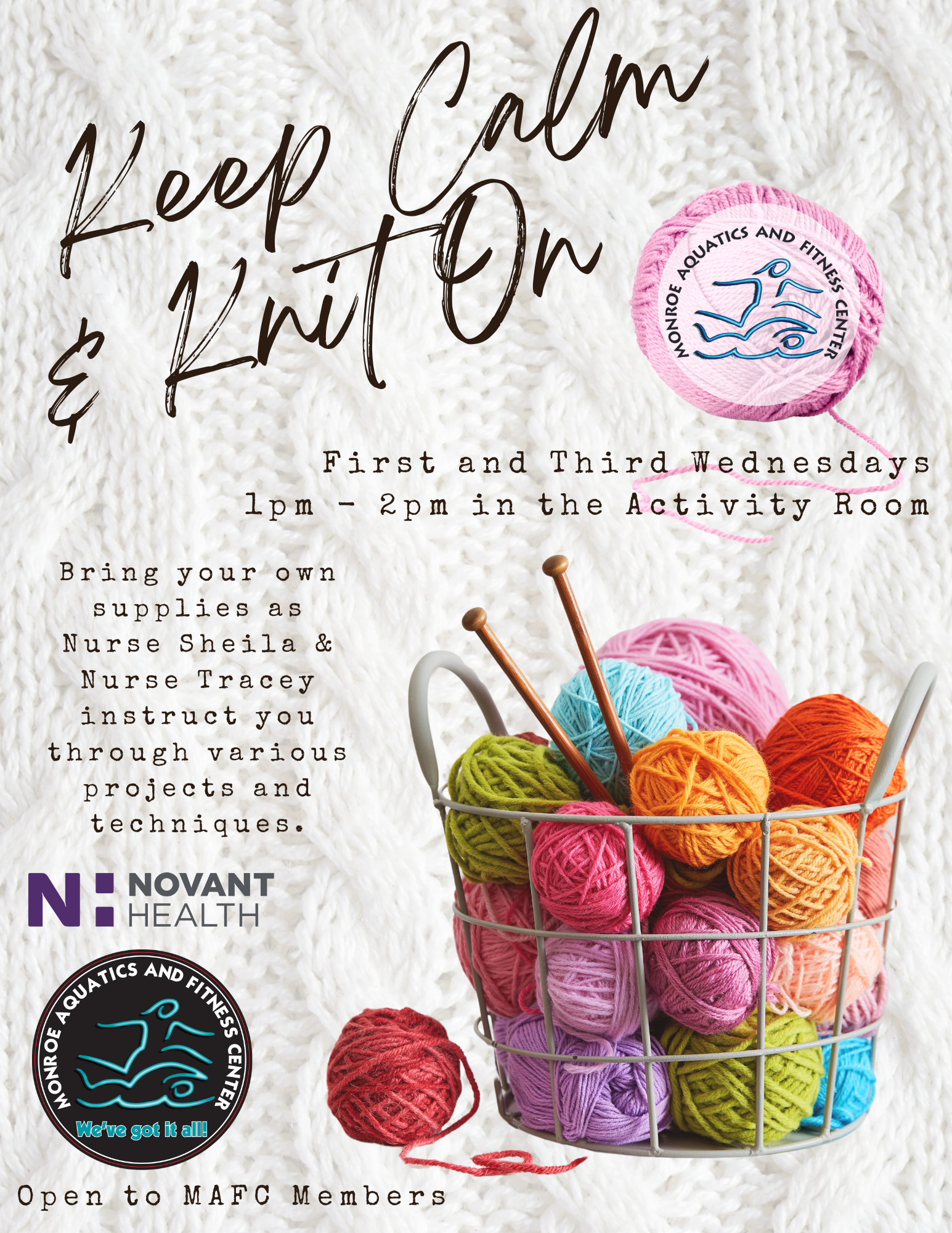 MAFC's Knitting Class takes place on the first and third Wednesdays of the month from 1 to 2 p.m.