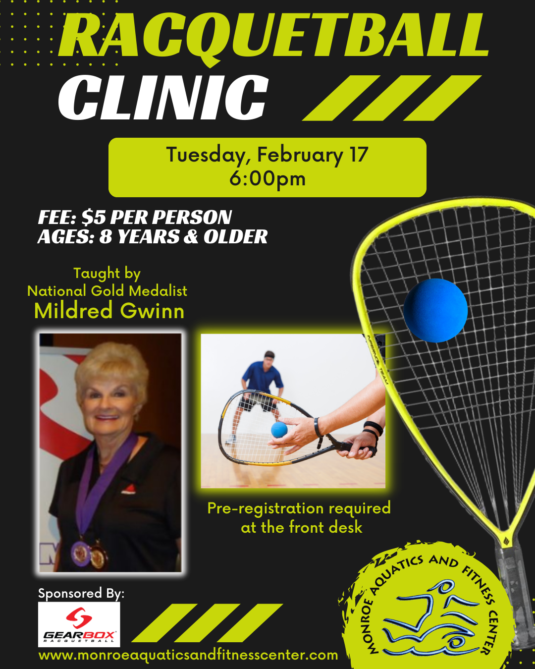 MAFC will hold a racquetball clinic on February 17 at 6 p.m. Register at the front desk.