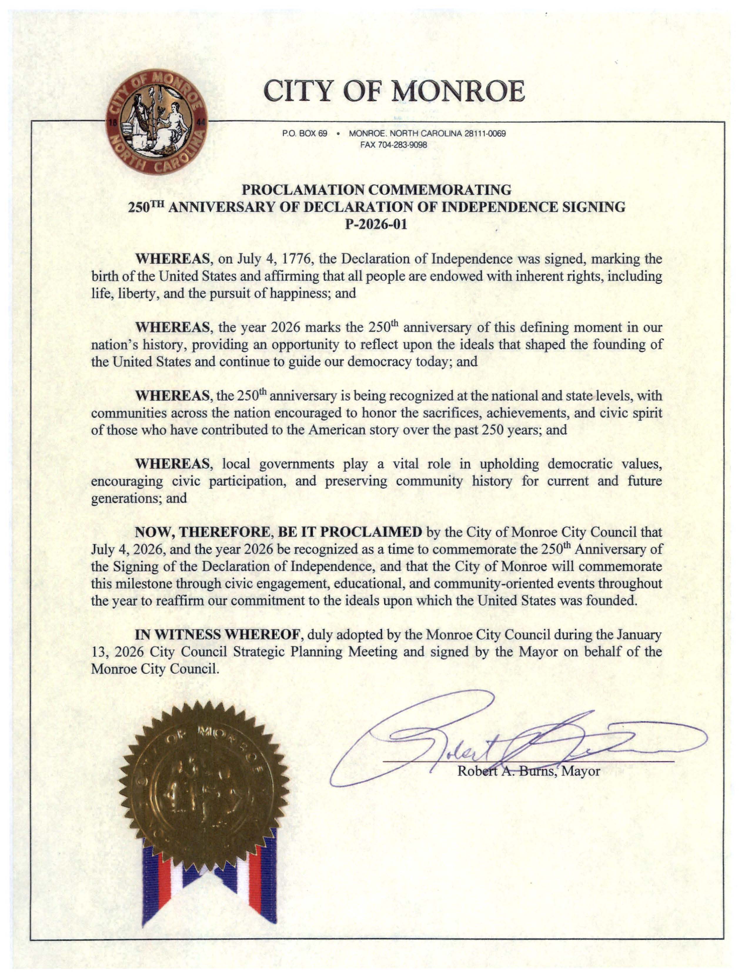 Proclamation commemorating the 250th anniversary of Declaration of Independence Signing